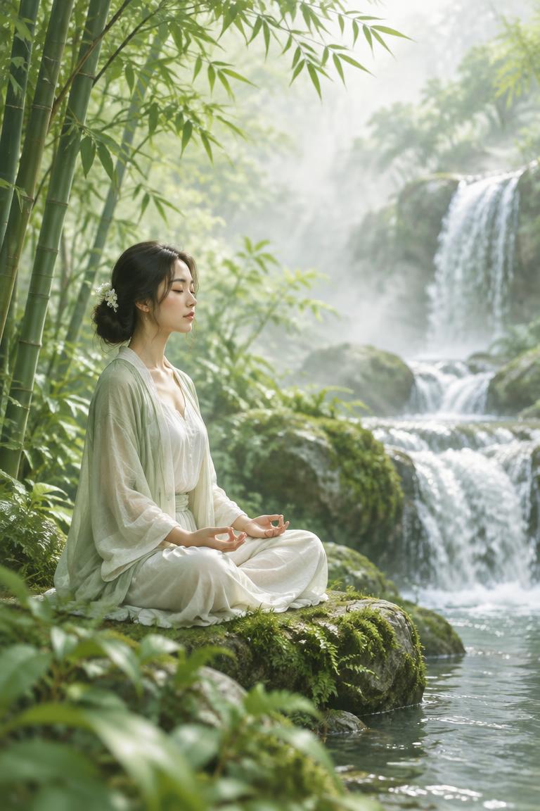 A woman meditating on a mossy rock beside a waterfall in a misty bamboo garden