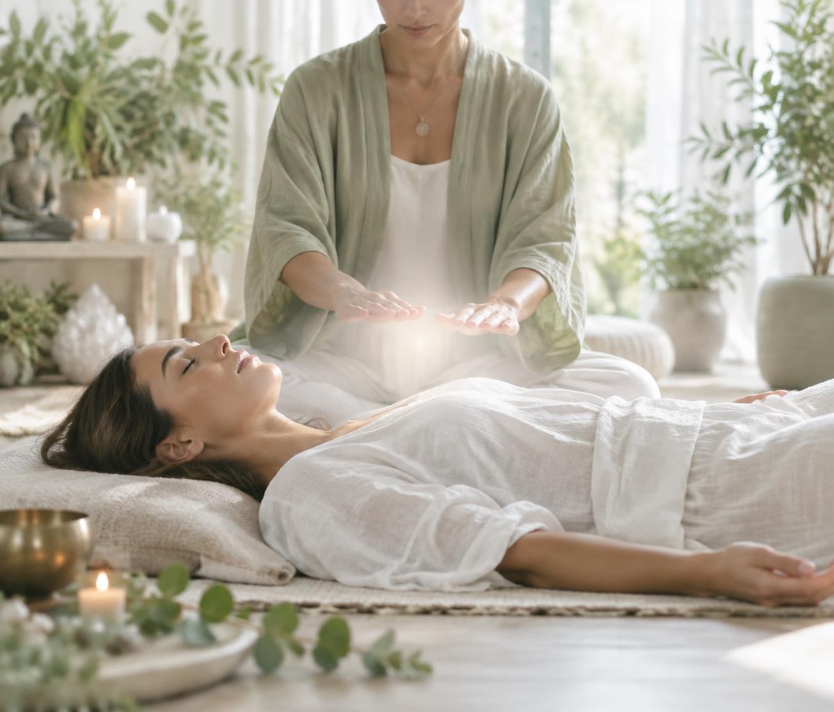 A practitioner's hands sending gentle Reiki energy to a person resting on the floor