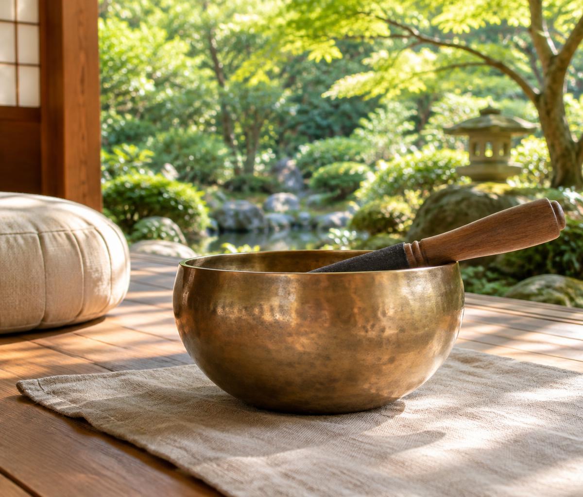 A bronze singing bowl in a sunlit garden